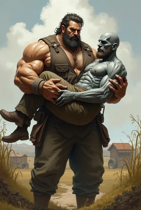 a strong farmer man carrying on his lap a tall and strong man with gray skin color as well