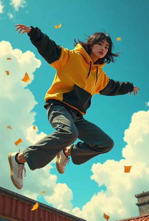 Masterpiece, 16K wallpaper, Parkour, action japanese girl parkour, rooftop, ( Subject  ( 1girl, A realistic cute japanese girl jump parkour with in the morning, wearing an youth stylist oversized hoodie fashion, yellow and black stylist fashion, jumper hoo...