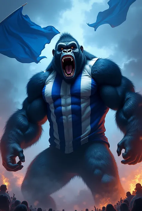 Prepare a picture of a bitter kingkong gorilla wearing a blue t-shirt with white stripes, super imposing that is scary and he is screaming with his mouth open and his hands up. Looking up and blue flames background with super large blue flags flying and fl...