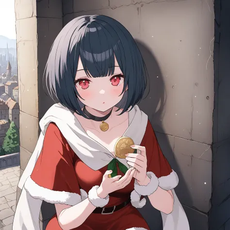 ((She has a short, flowing, curly bob cut and a fairly dark teal color.、A 2 adult woman with shiny red eyes and a childbirth-friendly build, her occupation is adventurer.、Black fabric choker、No hat、Santa outfit with white scarf and mini skirt、Wearing black...