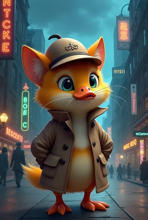 Create a cute detective duck cat image on a Netflix cover 