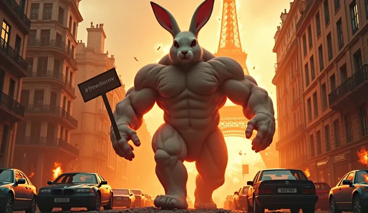 Rocky Rabbit, with a six-pack body and very tall, is destroying the city of Paris, buildings are collapsing and the Eiffel Tower is on fire and the flames are rising, cars are parked next to the houses, Rocky Rabbit is holding a sign in his hand that  The ...