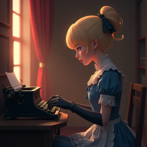 a beautiful anime/manga art of a young female typist ((using a typewriter)), seen from above, centered shot, she is in the center of the frame, thinking hard about her future, dressed in early Victorian era clothes, black full length gloves, blue dress, bl...