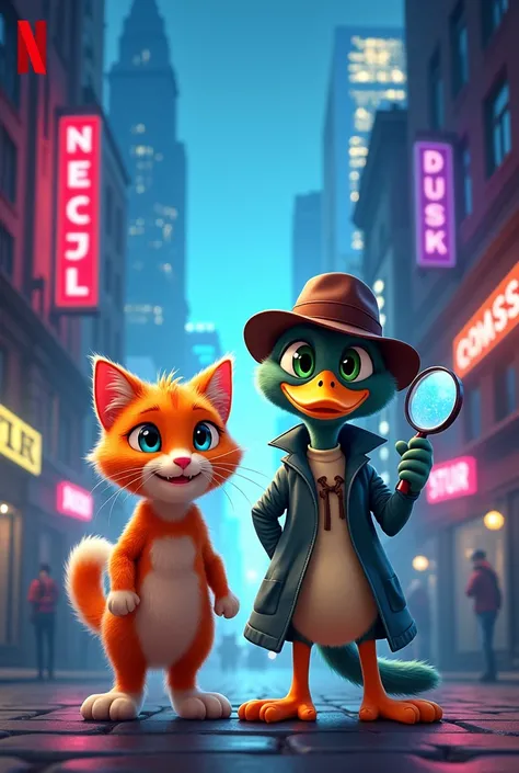 Create a Netflix premiere cover for a series about a cat and a cute detective duck 