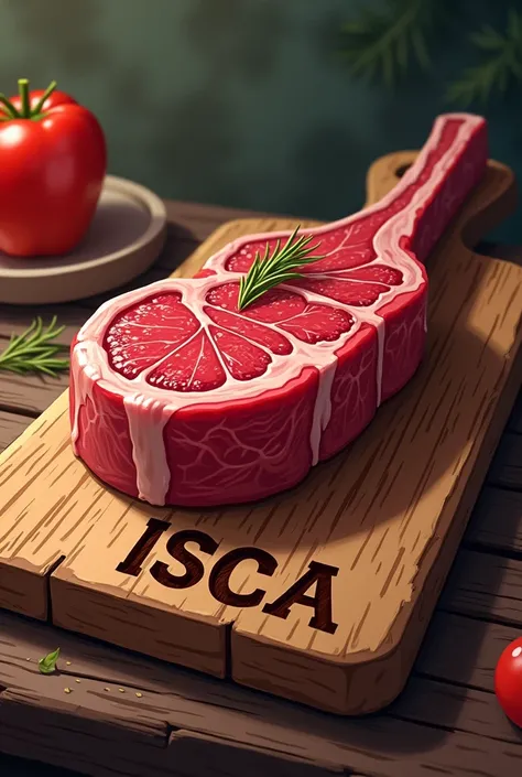 Create a cartoon-style logo image similar to “Tom and Jerry.” The logo should feature a highly detailed ribeye steak sitting on a wooden cutting board. The steak should look juicy and appetizing, with exaggerated details to highlight the cartoon style. The...