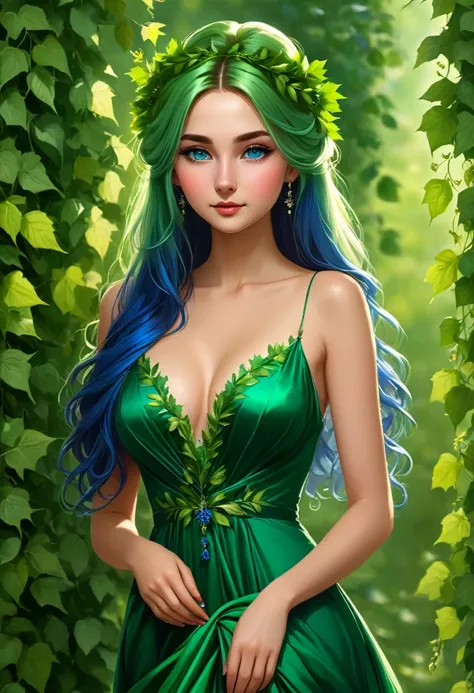 young beautiful girl lesovichok tall stands at full height slender, with medium sized breasts. the girl is wearing a long emerald dress. the bottom of the dress is trimmed with maple leaves, a vine runs down the dress from the waist. the dress has a deep n...