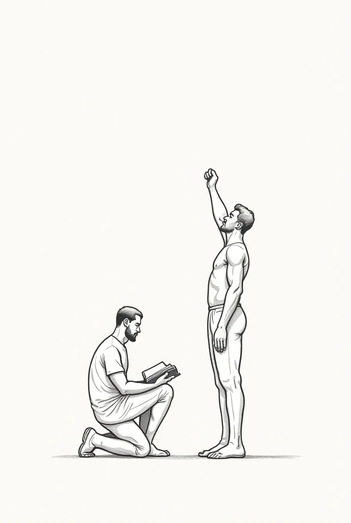 Shirt with a symbolic image in minimalist lineart showing two men, one kneeling with his head down holding an open Bible and another standing with an air of pride with his arms up and his back to the other