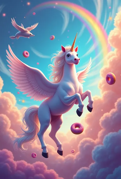 Flying Unicorn with Rainbow and Colors and Flying Donuts and Flying Dolphin 