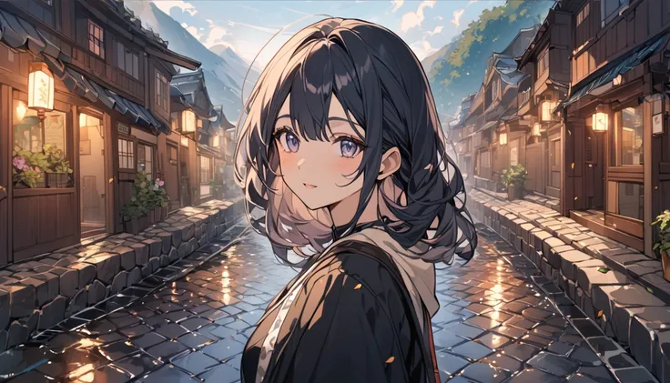 A girl in her twenties, with an exotic and atmospheric world, cobblestone streets, and a landscape ,The upper half of her body.