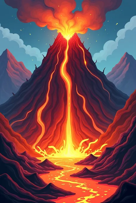 A cartoon picture of a volcano oozing lava with no faces