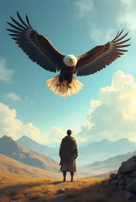 The eagle and a man standing in front of the eagle and eagle is flying in the sky 