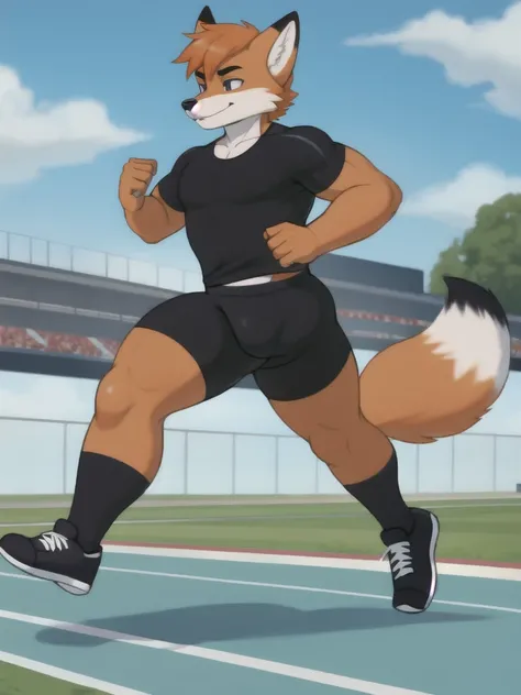 Furry, fox, male, black shirt, black spandex bike shorts, shoes, running track, solo, full body