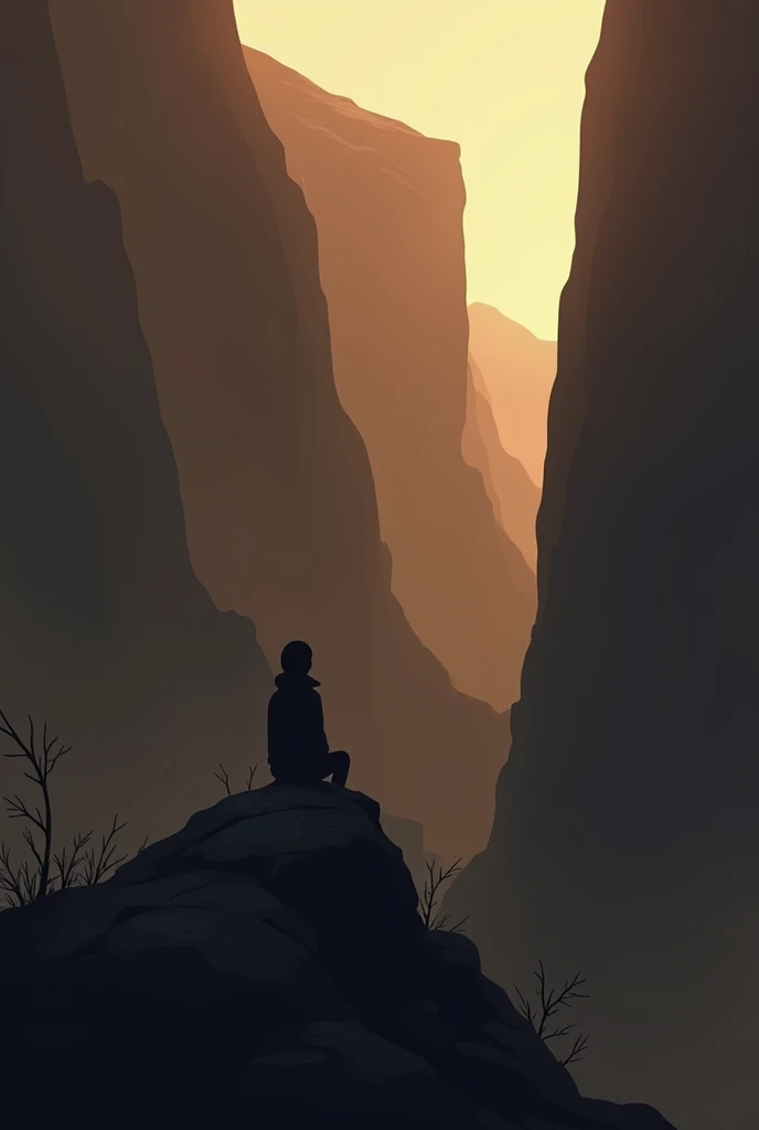 have a person sitting on a rock, which is on top of a ravine, in the image it shows the ravine and its height from afar and on top of the ravine the rock with the man sitting on it, use various shades of brown and make the image is dark in tone, dont forge...