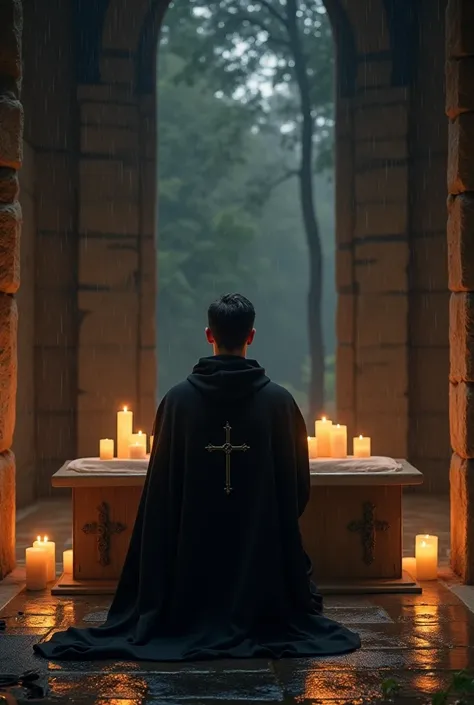 Imagine a profound and spiritually meaningful scene inside a Benedictine monastery on a rainy night.. En el centro de la imagen, a young monk, europeu, De pele clara, with black hair cut in military style, well-trimmed goatee and mustache, is kneeling befo...