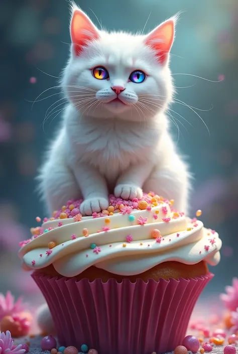 Huge, On top of a delicious looking cupcake、Cute white cat　Her eyes are a pale, sparkling rainbow color.　Magical beauty　Sparkling