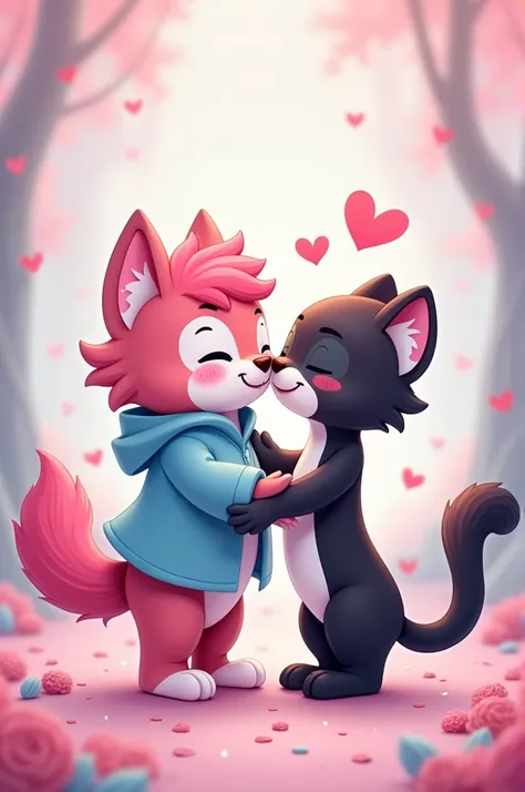 A pink and blue cartoon furry kissing a black and white leopard cartoon furry 