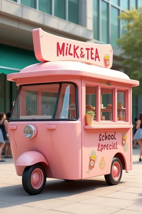 Pink milk tea cart design with logo and text: School Milk Tea