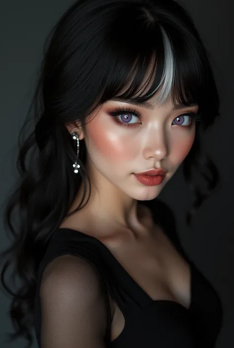 A super elegant woman, pretty, stylish,  Black hair with bangs and white highlights, and light purple eyes, ultra realism, Masterpiece artwork, cinematrographic,   hyper- realism, hyper- realism, hyper- realism, moderno, moderno, moderno, Reality, Reality,...