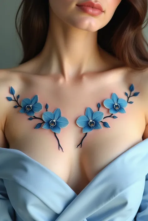 Blue orchid branch tattoo below the collarbone on both sides of a woman