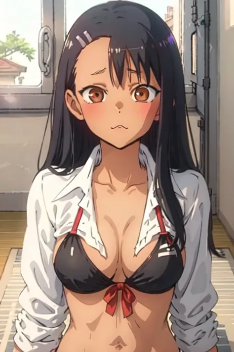 Nagatoro Hayase. Dont Toy with Me, Miss Nagatoro. Long black hair. Brown eyes. Tanned skin. Boobs. Bikini 