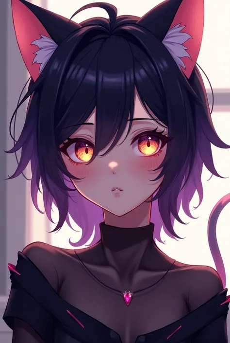 Asme a sexy anime style boy who is a kitten and his hair is somewhat long with purple and black colors and his eyes are golden that is tender