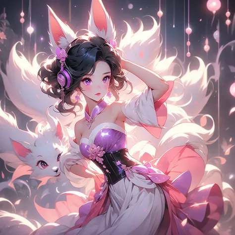 Daji as a young woman, 25-30, in short low-cut pink purple corset kimono, deep v-cut strapless kimono, white fox ears wearing shiny headphones, on a galaxy disco background, dancing to kpop, in high detail 2.5d anime style, popstart Ahri, K/DA, black hair ...