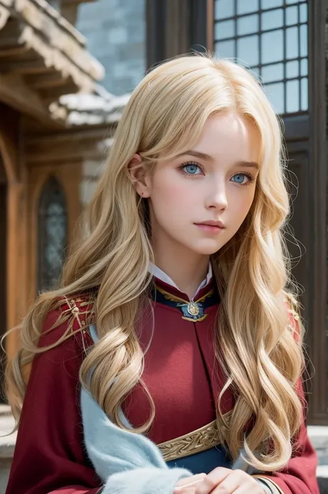 Blonde hair, loose wavy hair, half up, light blue eyes, beautiful girl, Hogwarts, Gryffindor, Canadian