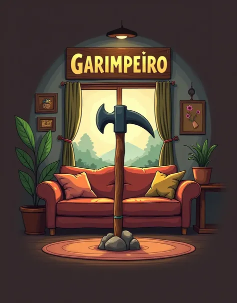 I want to create a logo, that has a small pickaxe stuck in the middle of a living room, and written in the House&#39;s Garimpeiro logo