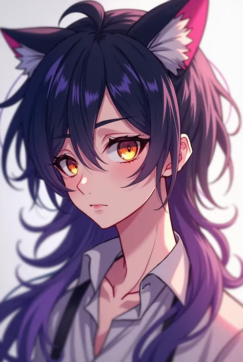 Asme a sexy anime style boy who is a kitten and whose hair is somewhat long with purple and black colors and his little eyes are golden that is tender and that is a man 