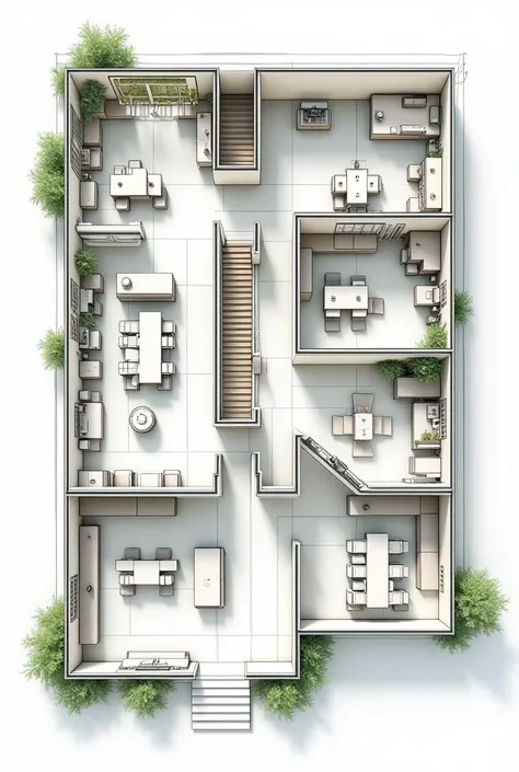 2d architectural plan, with: Reception Area (Near the main entrance), Office Area, Support and Maintenance Area, Security Area, Common Areas, Additional services