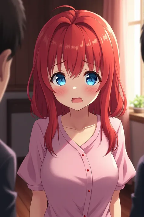 Red haired anime girl, blue eyes, with a frightened look, wearing an outfit consisting of a pajama dress while talking to a butler