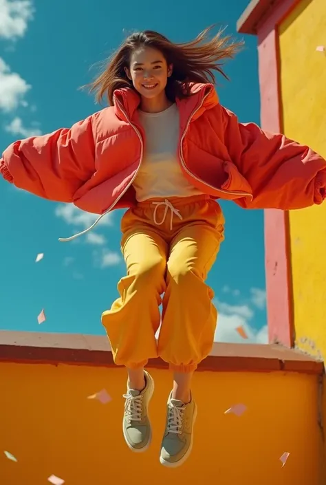 Masterpiece, 16K wallpaper, Parkour, action japanese girl parkour, rooftop, ( Subject  ( 1girl, A realistic cute japanese girl jump parkour with in the morning, wearing an youth stylist oversized hoodie fashion, yellow and black stylist fashion, jumper hoo...