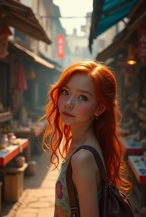 Photorealistic photography of a young redhead girl wondering in the old market in Thailand, soft smile, midjorney art, luminism, ultimate intricate shadow: light contrast, IPA Award Winning Masterpiece, artistic lens, warm colors, art by Tim Burton