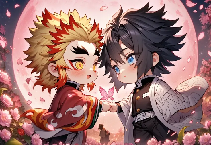 Ultra detailed, highres, absurdres, HDR, master piece, Rengoku Kyojuro chibi, expressive yellow eyes, blonde hair, Tomioka Giyuu chibi, black hair, expressive blue eyes, white haori, red haori, black demon slayer uniform, Kimetsu No Yaiba, two boys togethe...