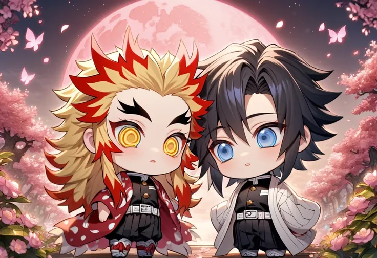 Ultra detailed, highres, absurdres, HDR, master piece, Rengoku Kyojuro chibi, expressive yellow eyes, blonde hair, Tomioka Giyuu chibi, black hair, expressive blue eyes, white haori, red haori, black demon slayer uniform, Kimetsu No Yaiba, two boys togethe...