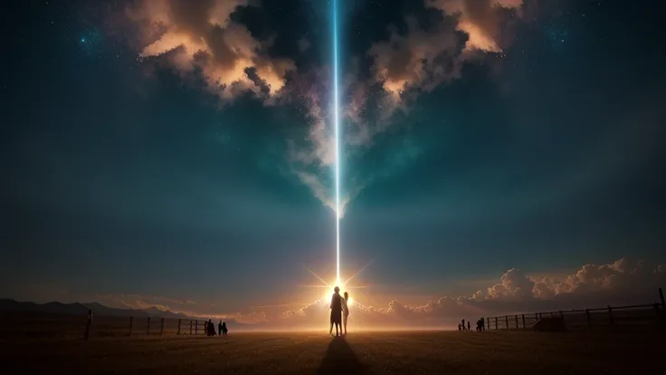 Create an ultra-realistic image that depicts the rapture, capturing the moment when souls are taken to heaven. In the center of the scene, several human figures are being lifted from the ground, enveloped in beams of intense, heavenly light that descend fr...