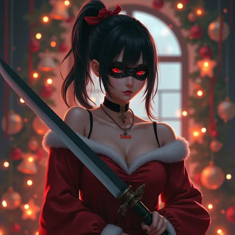 a sexy woman with a reb ribbon ponytail with a half ninja mask, with a vampire skin holding a dagger and wearing a necklace with the name "hanabi" written on it and wearing a santaclaus school girl and with a chrismast theme background and chismast light (...