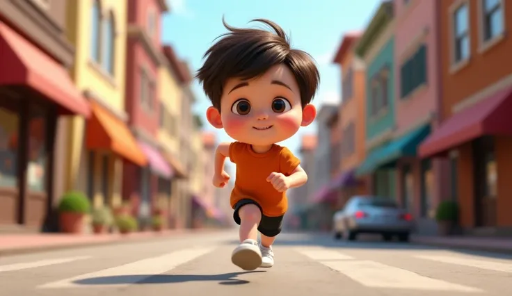 High quality, 8K Ultra HD, create a 3d Disney style image from Pixar of a  boy, short straight brown hair and straight bangs in the eyes, brown and narrow eyes. Discreet smile, big cheeks and full face. He wears an orange shirt without prints, black shorts...