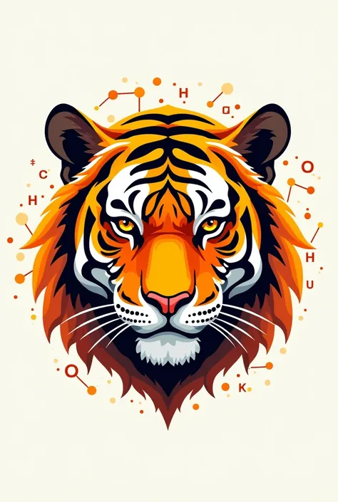 Orange logo of a tiger looking straight ahead, where the tiger&#39;s face is made or formed by chemical formulas 