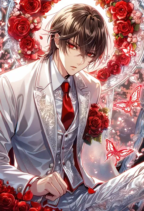 absurdres, highres, ultra detailed, HDR, master piece, best quality, extremely detailed, detailed eyes, detailed face, Kaname Kuran, brown hair, short hair, expressive red eyes, Vampire Knight, solo, sexy man, handsome, sensual, adult face, mature man, sit...