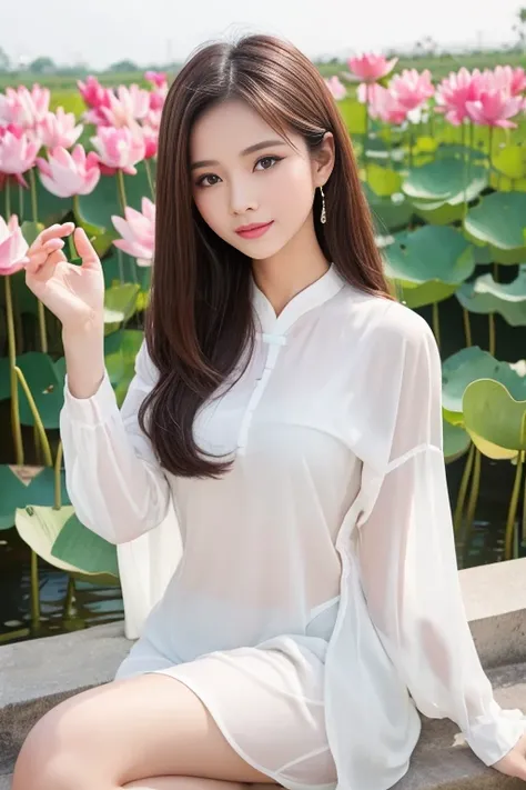 Highest quality　Vietnamese Beauty　Shortcuts　Plump figure　Light-colored, simple clothing　A large number of lotus flowers