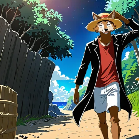 Wolf with brown fur similar to the character "Legoshi" from Beastars wearing a straw hat "Luffy" de One Piece, Wearing a red shirt and black jacket, standing with one hand adjusting a straw hat with a red band, in an outdoor environment with soft natural l...