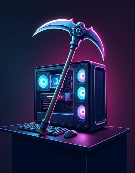 I want to create a logo, that has a pickaxe on top of a gaming PC table full of RGB, and on the computer monitor it says Technology Prospector