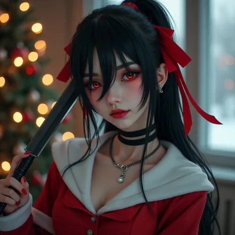 a sexy woman with a reb ribbon ponytail with a half ninja mask, with a vampire skin holding a dagger and wearing a necklace with the name "hanabi" written on it and wearing a santaclaus school girl and with a chrismast theme background and chismast light (...