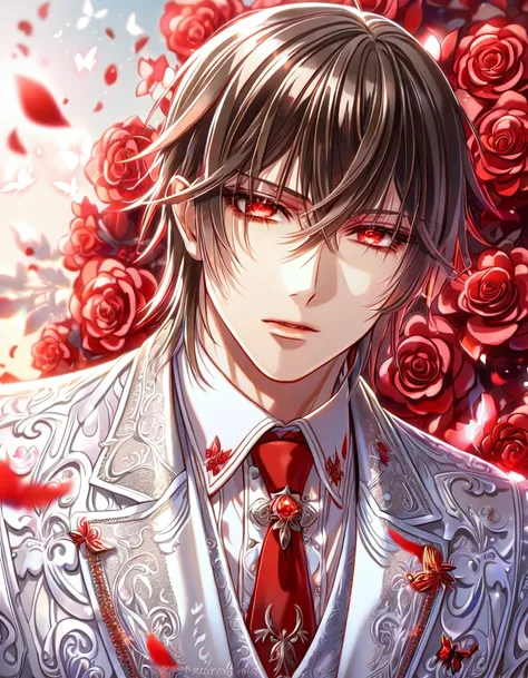 absurdres, highres, ultra detailed, HDR, master piece, best quality, extremely detailed, detailed eyes, detailed face, Kaname Kuran, brown hair, short hair, expressive red eyes, Vampire Knight, solo, sexy man, handsome, sensual, adult face, mature man, whi...