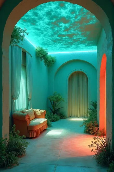 Colour thr room with a translucent green and touch of rouge colour on wall ande magic blue on ceiling.