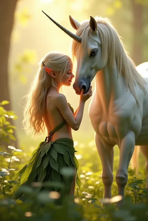 a beautiful young female nature elf, seen from from, full frame, long shot, she is patting a majestic, huge, white unicorn, shy, smiling, dressed in leaves, bare back, side profile, blonde hair, golden shot, early sunlight, soft sunlight, red hues, use vol...