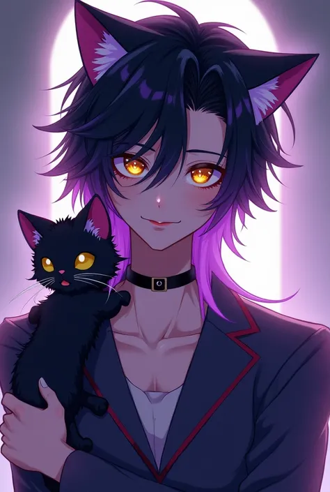 Asme a sexy anime style boy who is a kitten and his hair is somewhat long with purple and black colors and his eyes are golden and he is a man with a baby just like him
