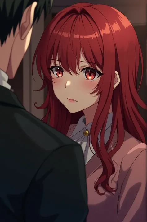 Red haired anime girl, long and wavy. With a sad look accompanied by small tears in her eyes. Finally, That girl is talking to a butler