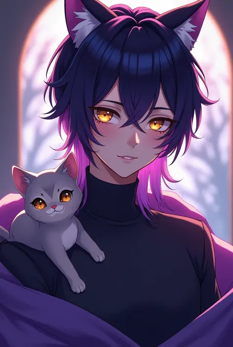 Asme a sexy anime style boy who is a kitten and his hair is somewhat long with purple and black colors and his eyes are golden and he is a man with a baby just like him
